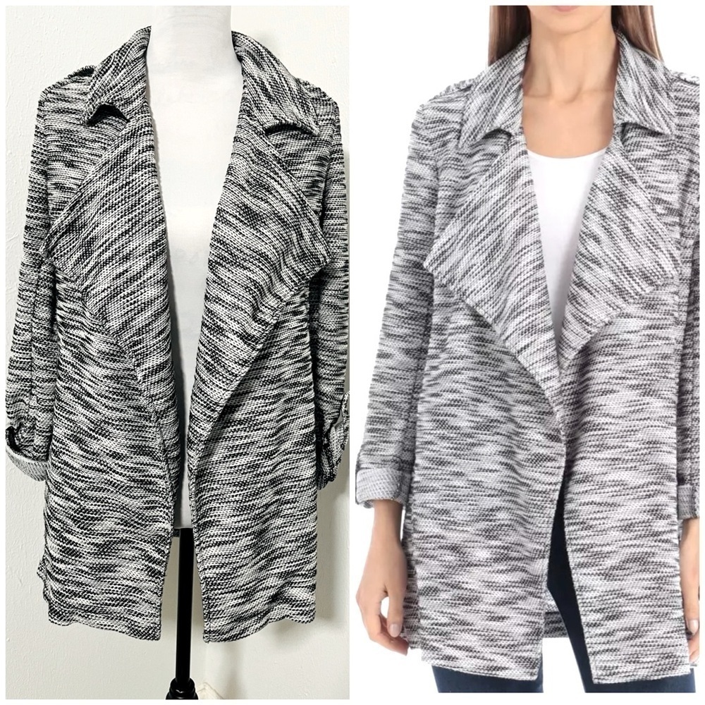 Bagatelle Collection Women’s Small Tweed Roll Tab Sleeves Pockets Open Cardigan